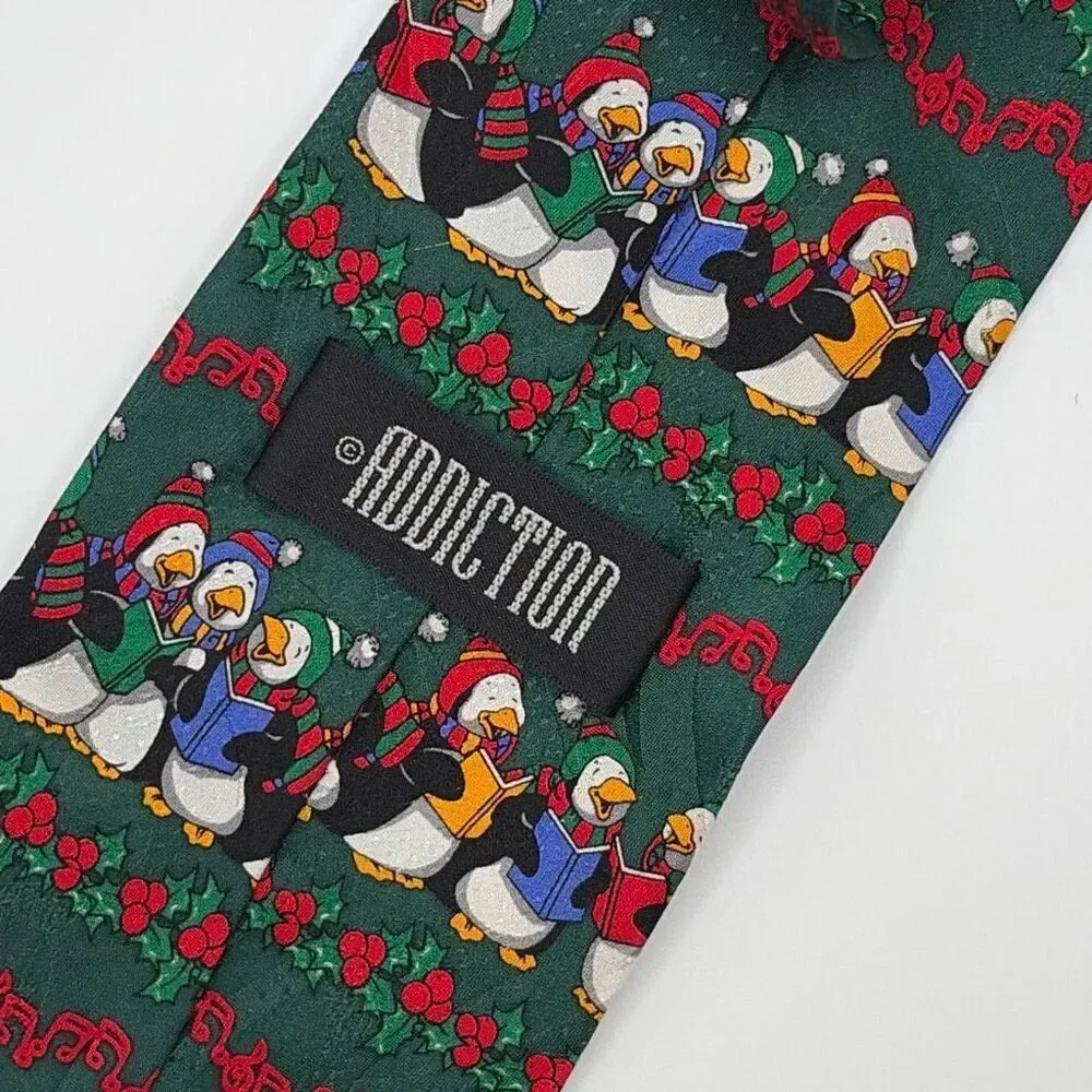 Vintage 90s Addiction Silk Christmas Penguin Carolers Tie Green Holiday‎ Novelty